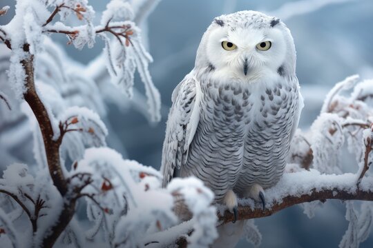 Snowy owl perched on a frost-covered branch.