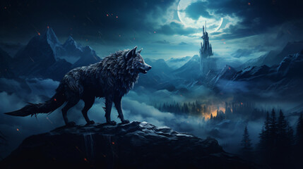 Mountain landscape with full moon and a wolf werewolf - obrazy, fototapety, plakaty