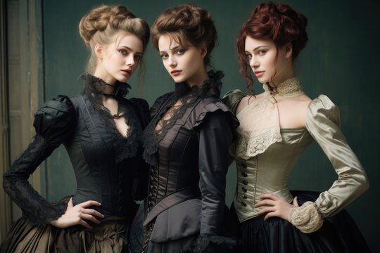 Victorian elegance, corsets and bustle skirts.