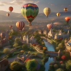 Fototapeta premium A whimsical, floating city of hot air balloons with gardens in the sky2