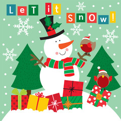 Cute Snowman with Christmas tree and birds