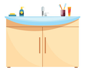 Cartoon bathroom equipment, washbasin with necessary accessory. Shampoo and mouthwash bottle element for dental oral care and others. Flat vector design illustration
