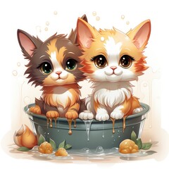 Fototapeta premium Adorable illustrated kittens in a water tub, surrounded by fresh flowers, exuding charm and intricate details.
