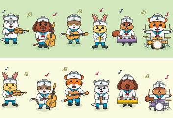 Vector Illustration of Cute Animal sailors Music Band. Big set of cute Animal cartoon in professions. Animal Cartoon flat style. cat, dog, rabbit, squirrel, tiger and wolf