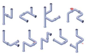 Pipes isometric set. Pipe tube for water. Plumbing construction pipeline with serviceable element. 3d industrial water system