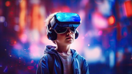 A boy wearing virtual-reality goggles looks away. Neon background around the player