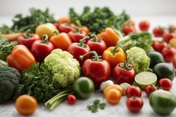 Variety of fresh organic vegetables on white marble table