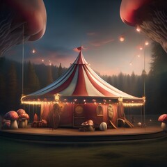 A whimsical, nocturnal circus in a clearing surrounded by towering, glowing mushrooms5