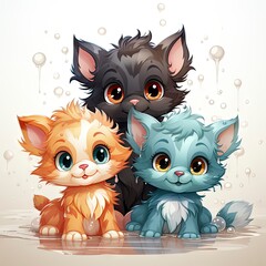 Adorable illustrated kittens in a water tub, surrounded by fresh flowers, exuding charm and intricate details.
