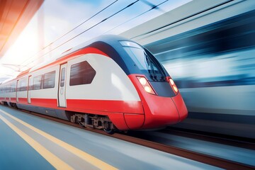 Fototapeta premium fast train in business center with motion blur background