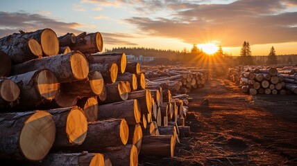 felling tree with spruces and pines during the golden hour, displaying a stack of log trunks used in the timber business.