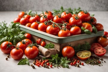 Fresh tomatoes with herbs and spices on white background