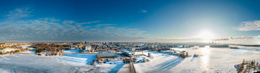 Oulu city. Pikisaari island and bride at wintertime, Finland
