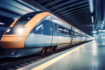 Fototapeta premium fast train in business center with motion blur background