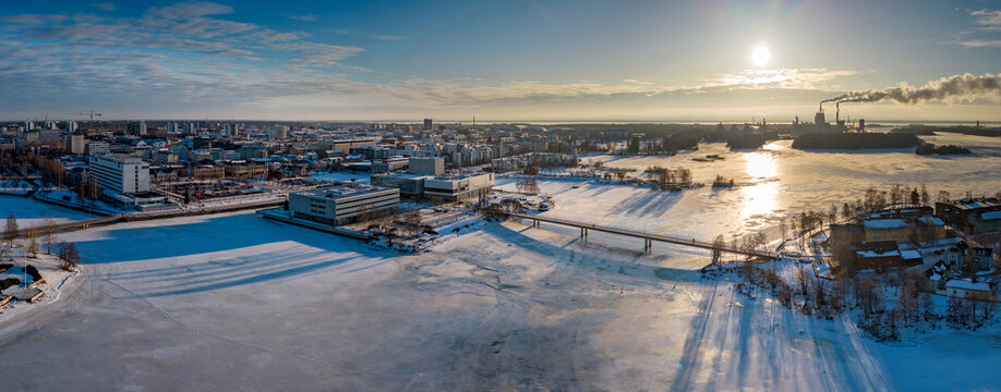 Oulu city. Pikisaari island and bridge at wintertime, Finland