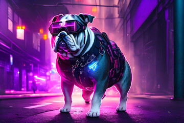Fototapeta na wymiar Bulldog Adventure in the Cyberpunk City Alleyway. Generative AI