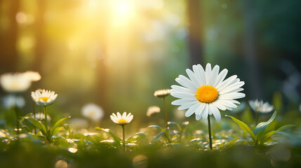 realistic Idyllic daisy bloom in spring summer autumn season with yellow sun ray in evening or morning