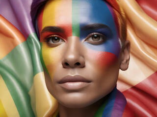 Portrait of a beautiful girl with a rainbow flag on her face.generado con ia - obrazy, fototapety, plakaty