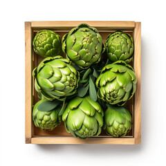 Obraz premium artichoke in the wood box on white background, close up collection of fresh ingredients healthy food, fruit, vegetables for healthy delicious food theme