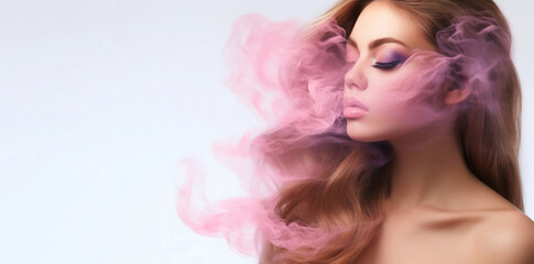 Naklejka premium Women faces watercolor illustration. Fashion girl rainbow smoke horizontal copy space on color background Ai.