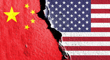 The American flag and the Chinese flag are both composed of crackle patterns. Conceptual image depicting a ban on the sale of artificial intelligence chips to China. Use for background or texture.