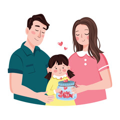 Vector illustration of a young family. Illustration of dad mom and daughter with a jar of hearts