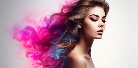 Fototapeta premium Women faces watercolor illustration. Fashion girl rainbow smoke horizontal copy space on color background Ai.