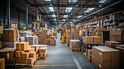 A store warehouse, a sorting room for goods distribution, or a retail warehouse with shelves holding cardboard boxes . - obrazy, fototapety, plakaty