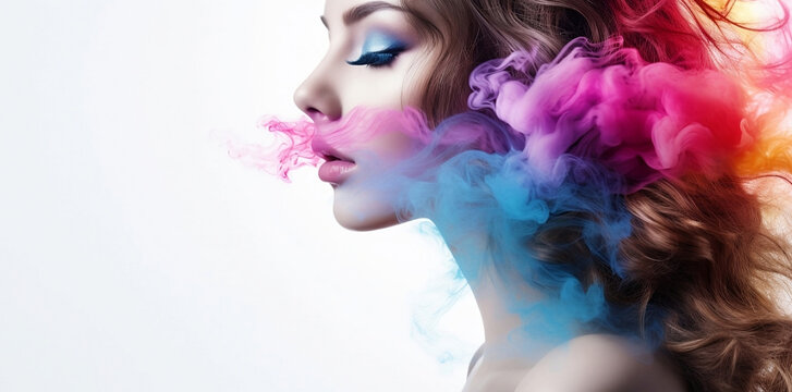 Women faces watercolor illustration. Fashion girl rainbow smoke horizontal copy space on color background Ai.