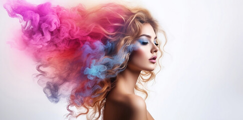 Women faces watercolor illustration. Fashion girl rainbow smoke horizontal copy space on color background Ai.