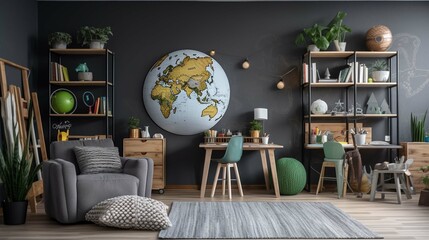 Children's study room at home. Modern spacious interior with desk, chair, bookshelves, chalkboard, lamps, Earth globe, plants, boxes, toys, rug, and laminate flooring.