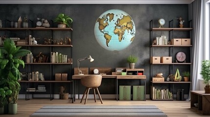 Children's study room at home. Modern spacious interior with desk, chair, bookshelves, chalkboard, lamps, Earth globe, plants, boxes, toys, rug, and laminate flooring.