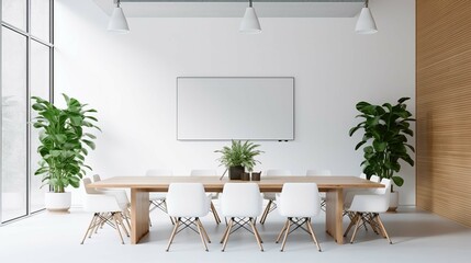 Conference room modern design,white empty wall. Modern furnished conference room beautifully designed.Meeting room in office bright stylish design copy space. 