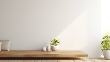 Copy space on a white table with a blurred modern living room in the background. 3D rendering 