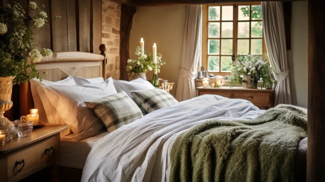 Cottage bedroom decor, interior design, holiday rental, bed with elegant bedding linen and antique furniture, English country house and farmhouse style. 3D rendering 