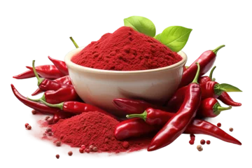 Papier Peint photo Lavable Piments forts Bowl with red chili powder on  transparent PNG background. Ai generative. 