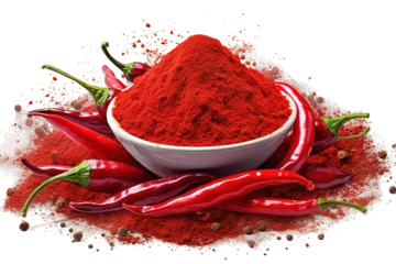 Photo sur Plexiglas Piments forts Bowl with red chili powder on  transparent PNG background. Ai generative. 