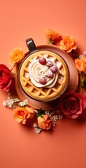 Waffles with whipped cream and raspberries in a cup on orange background. Cafe concept with a copy space.