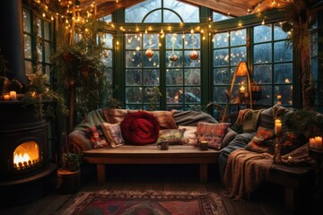 boho house interior with sofa, pillow and lights decorated for Christmas