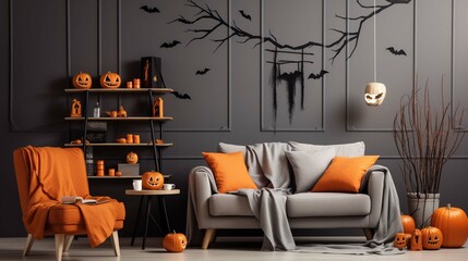 holidays, decoration, and party concept - homeroom with jack-o-lanterns or pumpkins on the sofa and Halloween decorations 3D rendering 