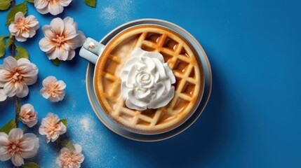 Cup of coffee with whipped cream and waffle on blue background. Cafe concept with a copy space.