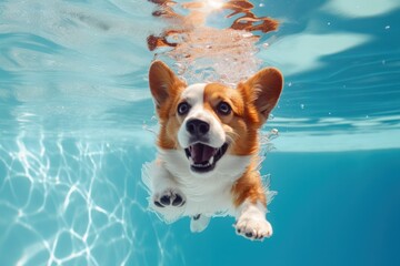 funny welsh corgi Pembroke dog swimming in the pool