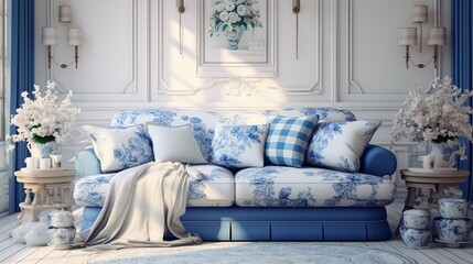 Interior design, living room decor and house improvement, furniture, sofa, home decor, white and blue textiles, country cottage lounge 