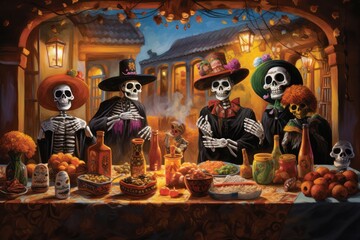 Mexican day of the dead celebration flat illustration with skeletons, dinner, skulls, decorations. Latino culture and religion.