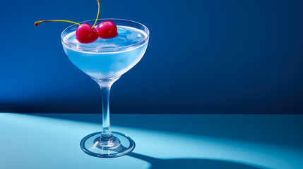 Delicious Blue Cocktail with Cherries on a Solid Blue Color Background

