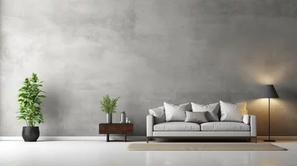 Deurstickers Living room and concrete wall texture background, Minimal interior design, mock up room, furniture decor, 3d render © Ahtesham
