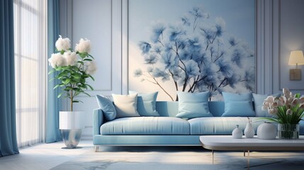 Modern blue living room design with sofa and furniture. Blurred bright living room with sofa and flowers. wide panorama, use for background. 3D rendering 