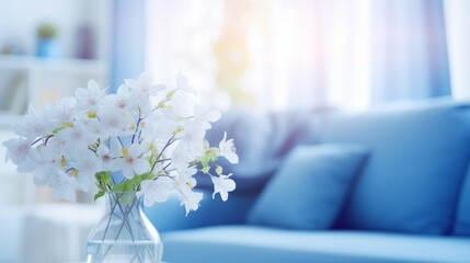 Modern blue living room design with sofa and furniture. Blurred bright living room with sofa and flowers. wide panorama, use for background. 3D rendering 