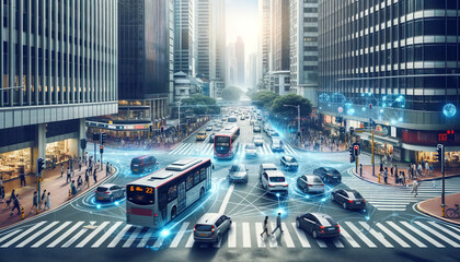 Seamless Urban Intersection with Quantum-Powered Traffic - obrazy, fototapety, plakaty