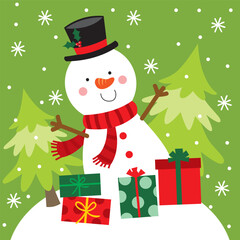 Cute Snowman with Christmas tree and presents